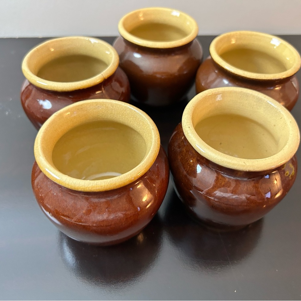 Circa 1930’s Heinz 57 Yellow Ware Brown Glaze Bean Pot Lot of 5 Pieces